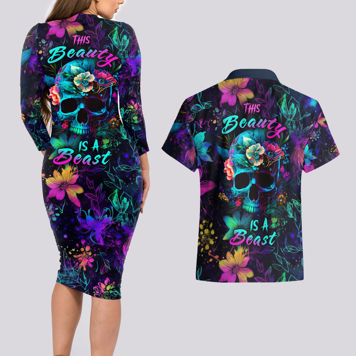 This Beauty Is a Beast Couples Matching Long Sleeve Bodycon Dress and Hawaiian Shirt - Wonder Print Shop