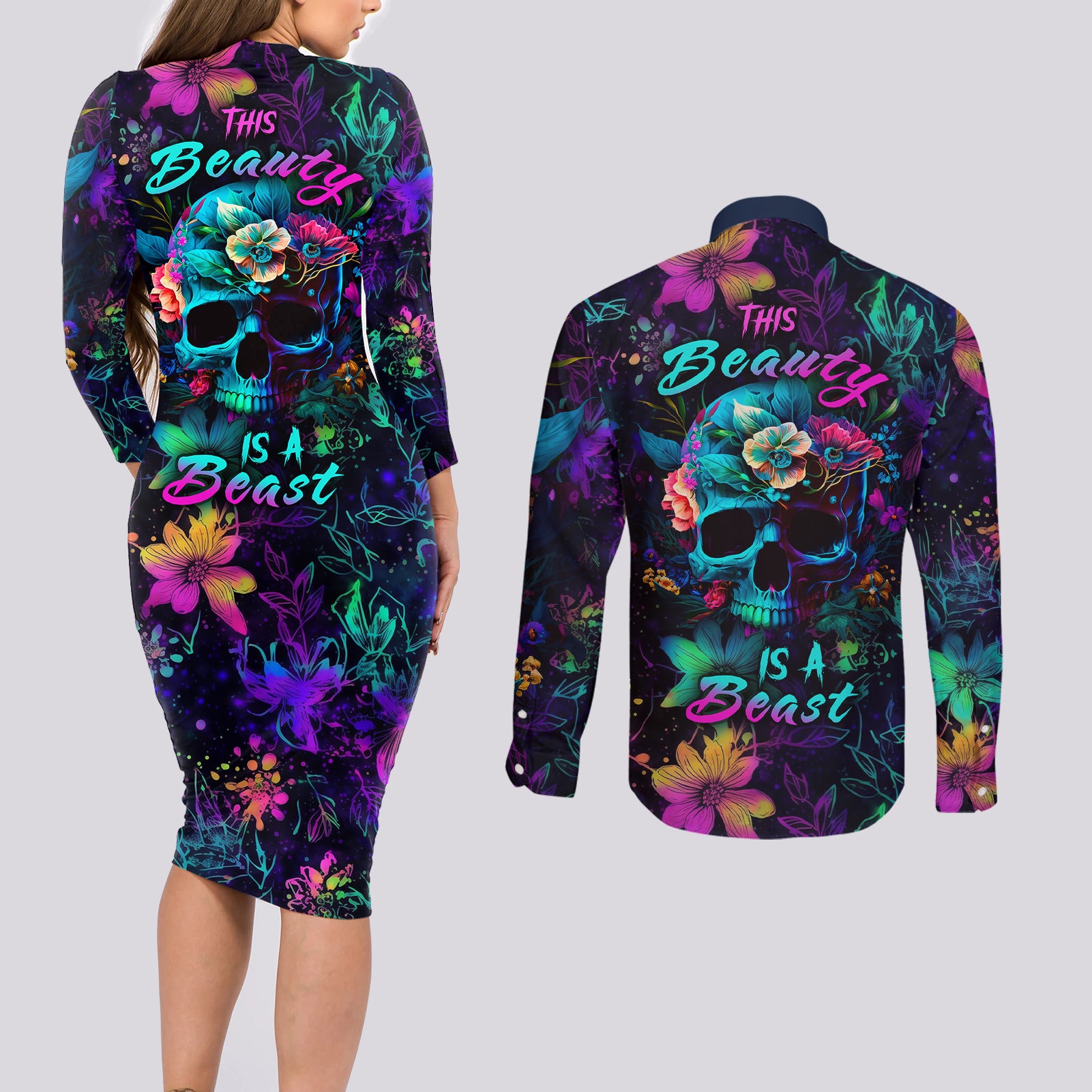 This Beauty Is a Beast Couples Matching Long Sleeve Bodycon Dress and Long Sleeve Button Shirts - Wonder Print Shop