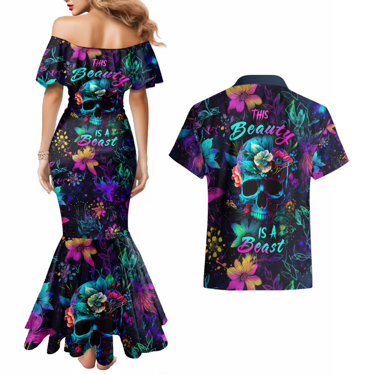 This Beauty Is a Beast Couples Matching Mermaid Dress and Hawaiian Shirt - Wonder Print Shop