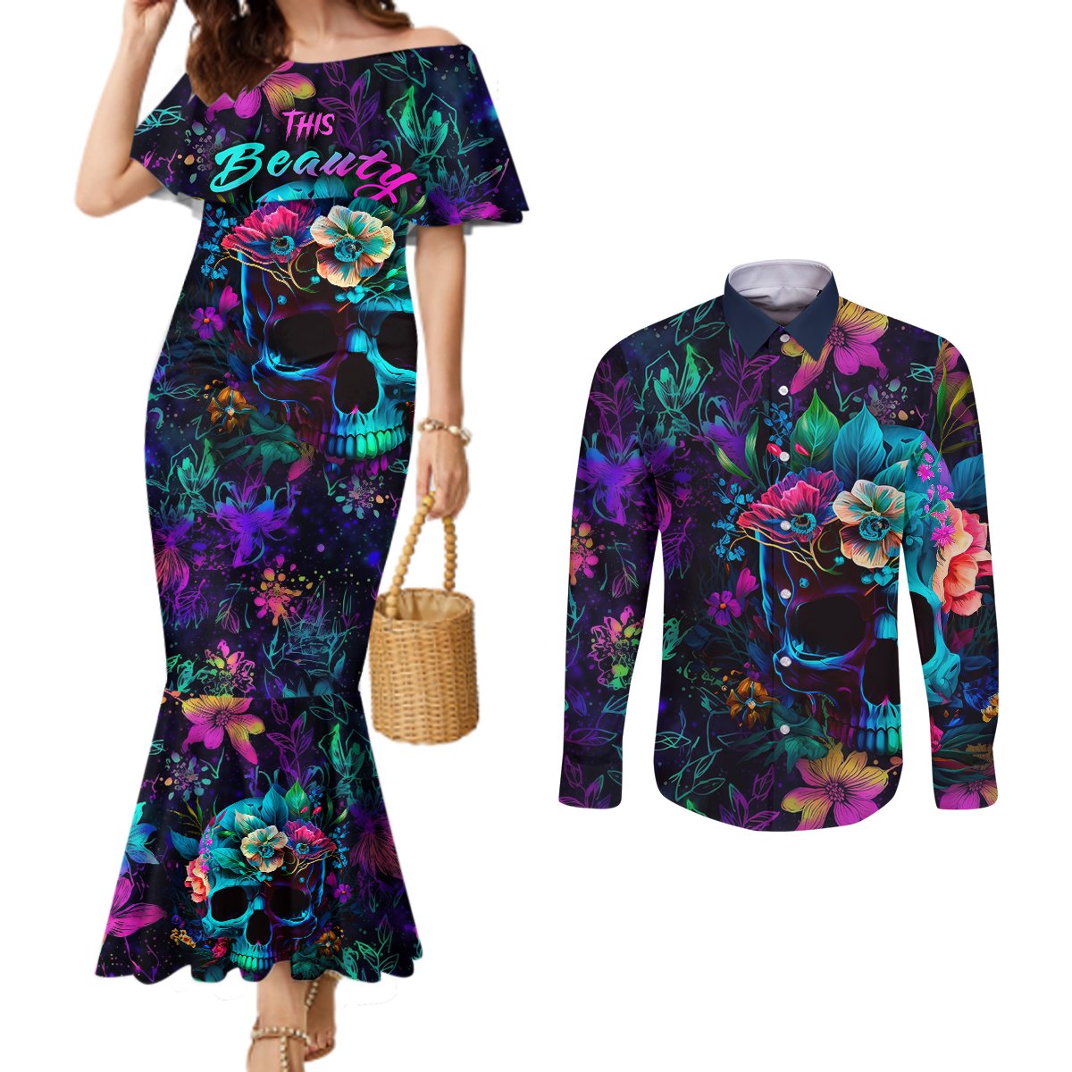 this-beauty-is-a-beast-couples-matching-mermaid-dress-and-long-sleeve-button-shirts