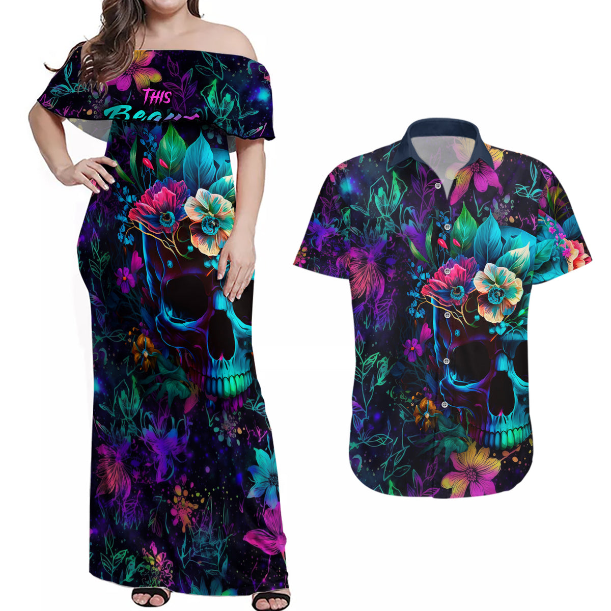 This Beauty Is a Beast Couples Matching Off Shoulder Maxi Dress and Hawaiian Shirt - Wonder Print Shop