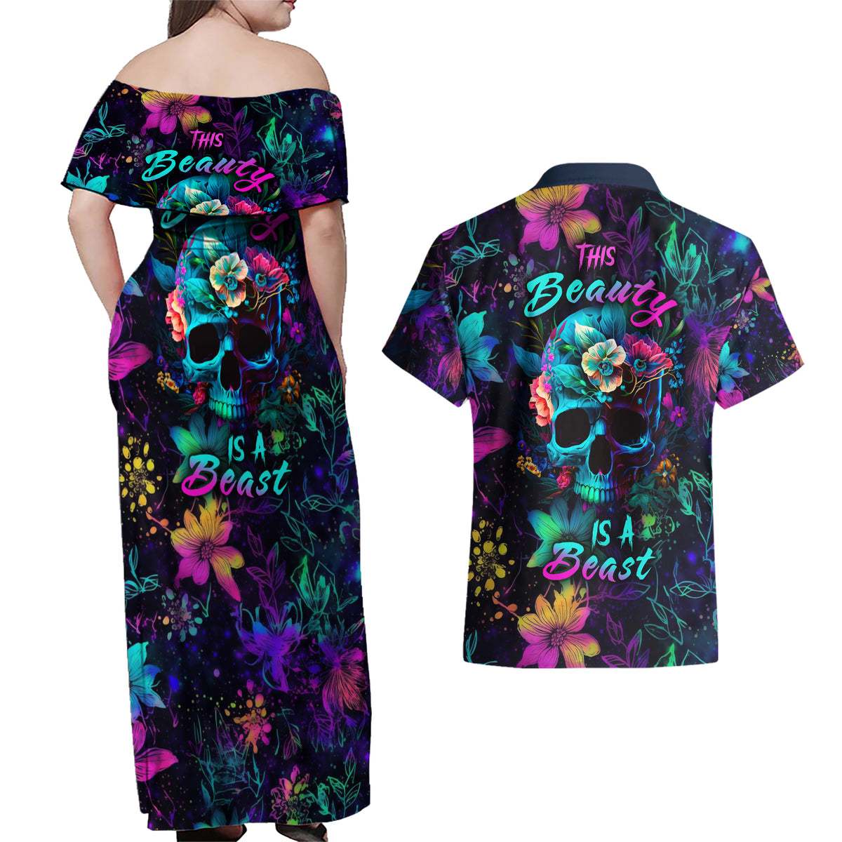 This Beauty Is a Beast Couples Matching Off Shoulder Maxi Dress and Hawaiian Shirt - Wonder Print Shop