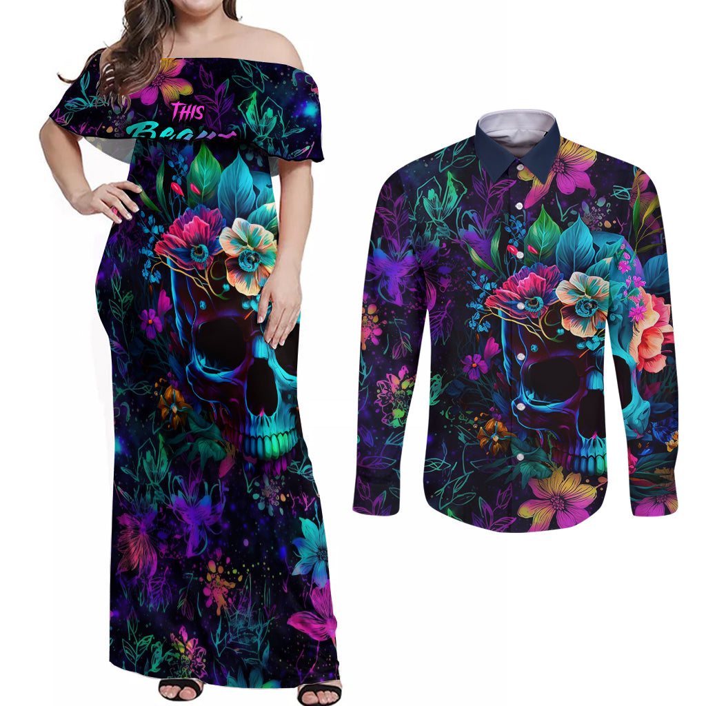 This Beauty Is a Beast Couples Matching Off Shoulder Maxi Dress and Long Sleeve Button Shirts - Wonder Print Shop