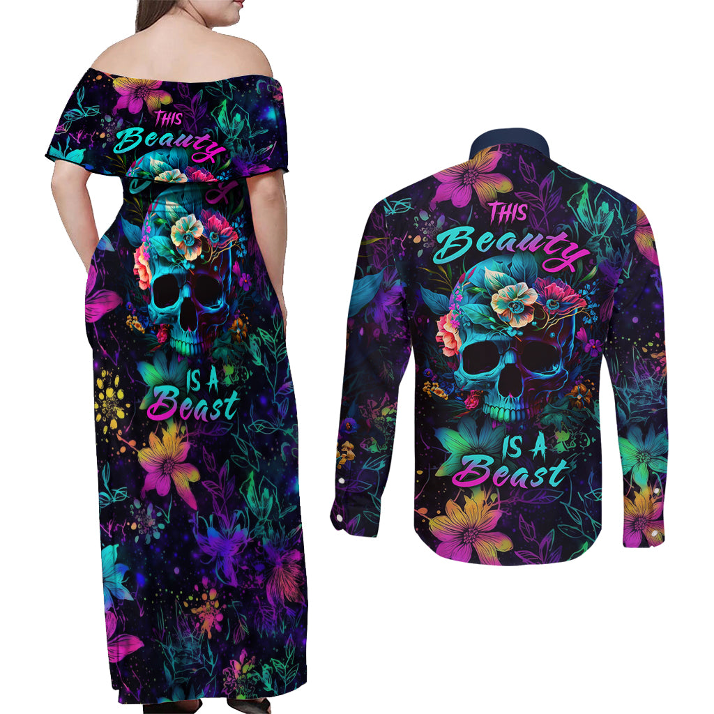This Beauty Is a Beast Couples Matching Off Shoulder Maxi Dress and Long Sleeve Button Shirts - Wonder Print Shop