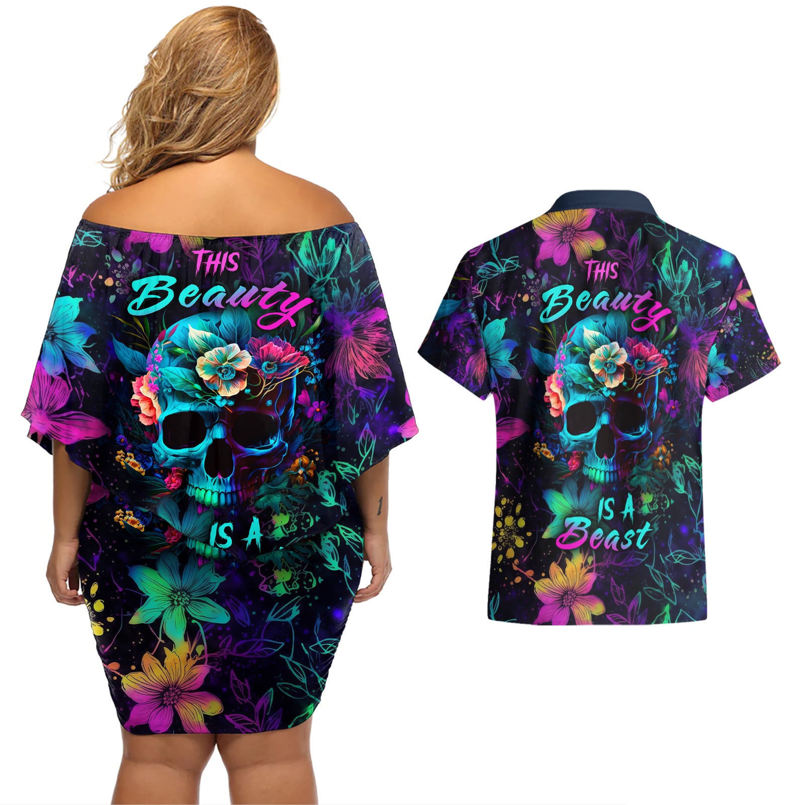 This Beauty Is a Beast Couples Matching Off Shoulder Short Dress and Hawaiian Shirt - Wonder Print Shop