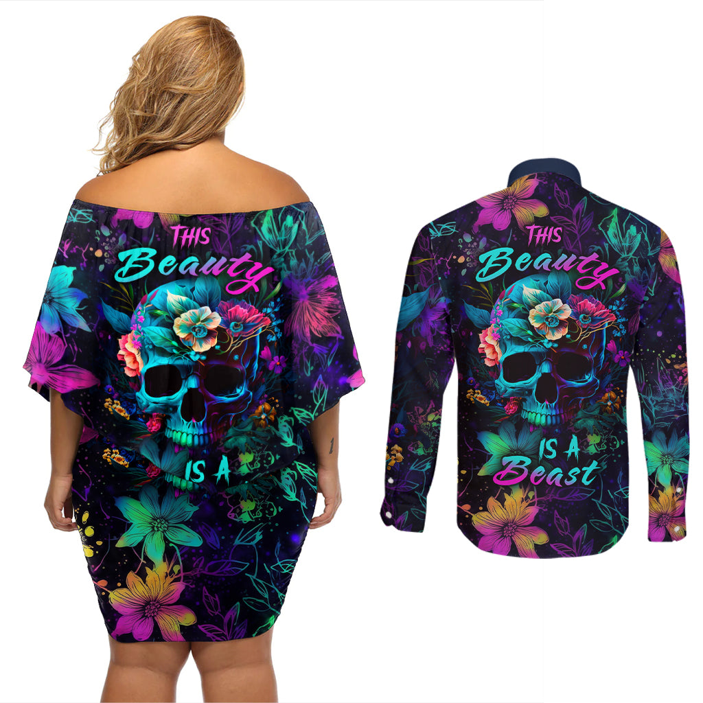 This Beauty Is a Beast Couples Matching Off Shoulder Short Dress and Long Sleeve Button Shirts - Wonder Print Shop