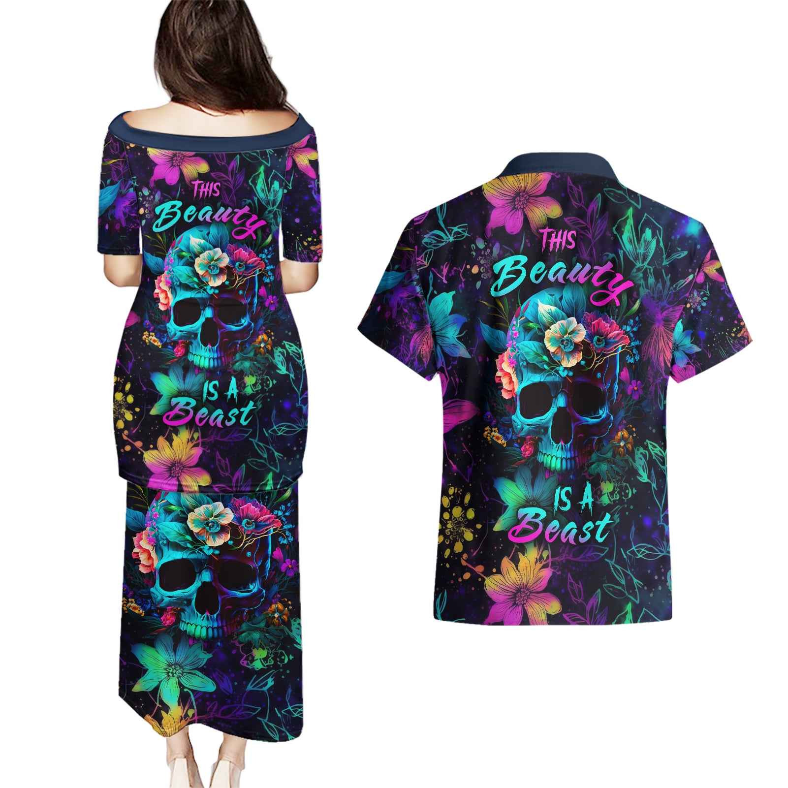This Beauty Is a Beast Couples Matching Puletasi Dress and Hawaiian Shirt - Wonder Print Shop