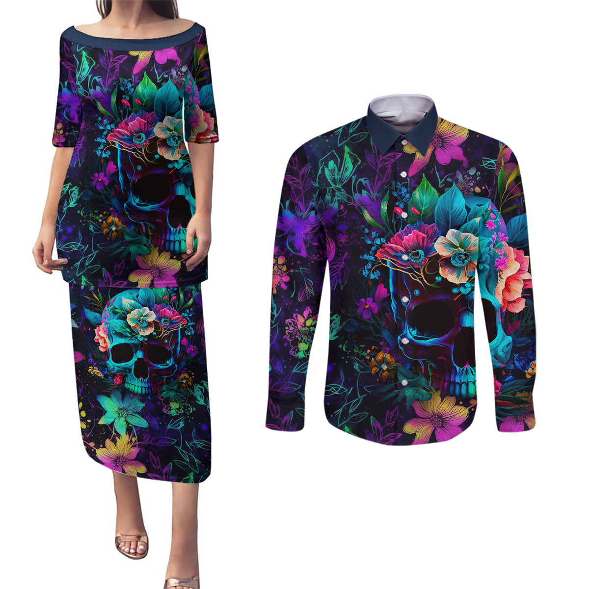 This Beauty Is a Beast Couples Matching Puletasi Dress and Long Sleeve Button Shirts - Wonder Print Shop