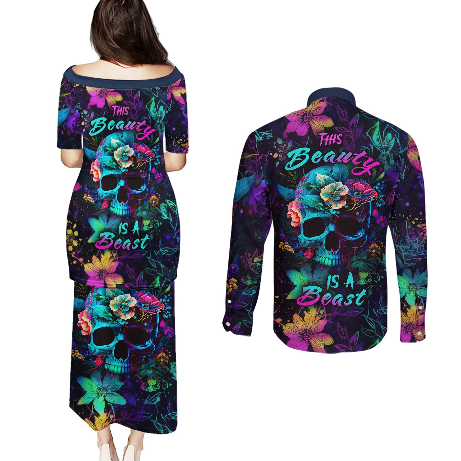 This Beauty Is a Beast Couples Matching Puletasi Dress and Long Sleeve Button Shirts - Wonder Print Shop