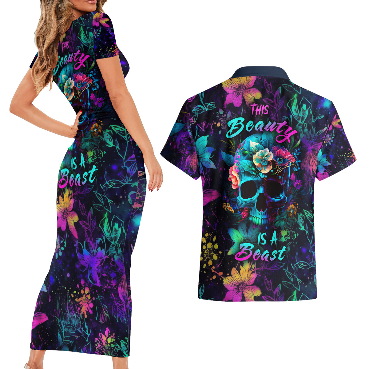 This Beauty Is a Beast Couples Matching Short Sleeve Bodycon Dress and Hawaiian Shirt - Wonder Print Shop