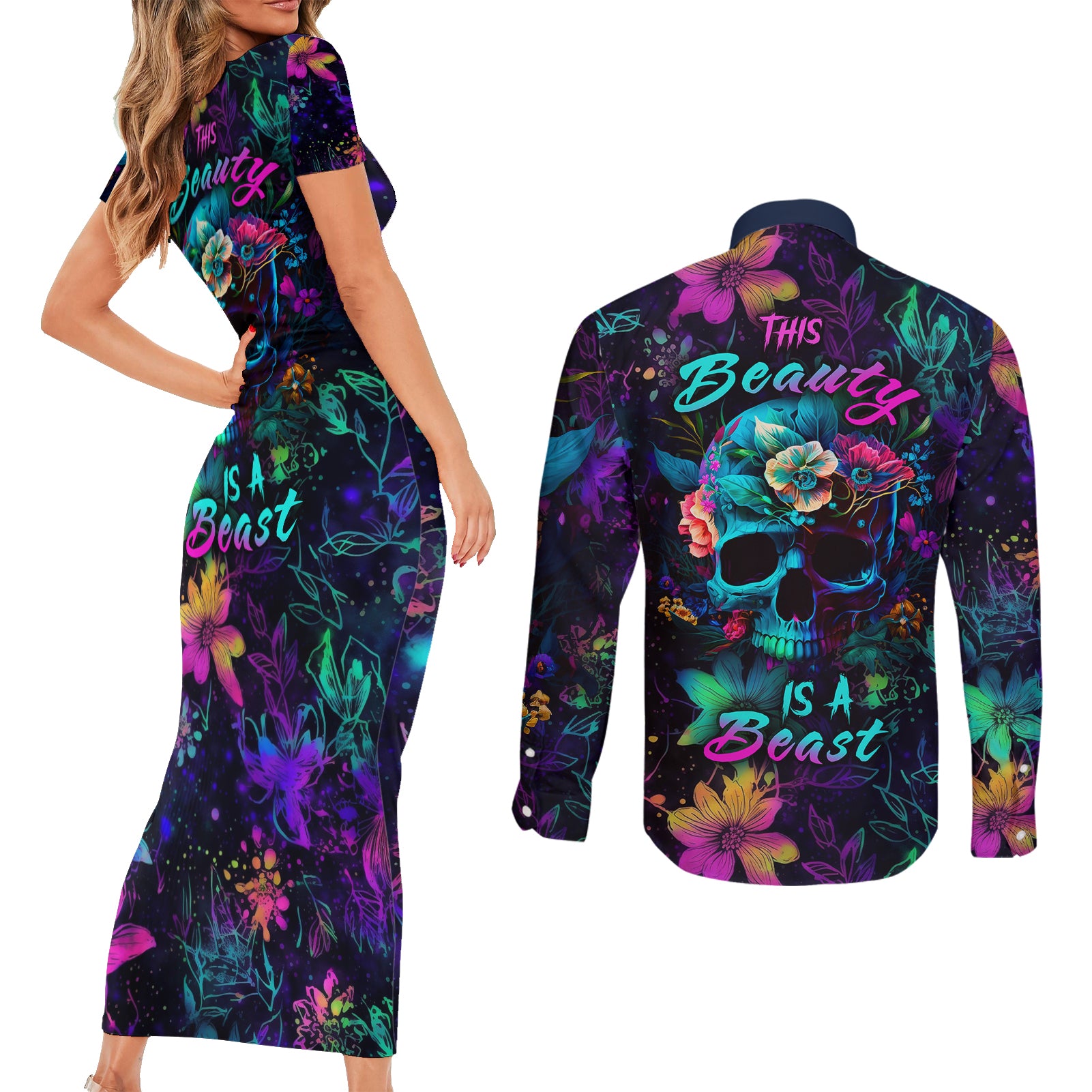 This Beauty Is a Beast Couples Matching Short Sleeve Bodycon Dress and Long Sleeve Button Shirts - Wonder Print Shop