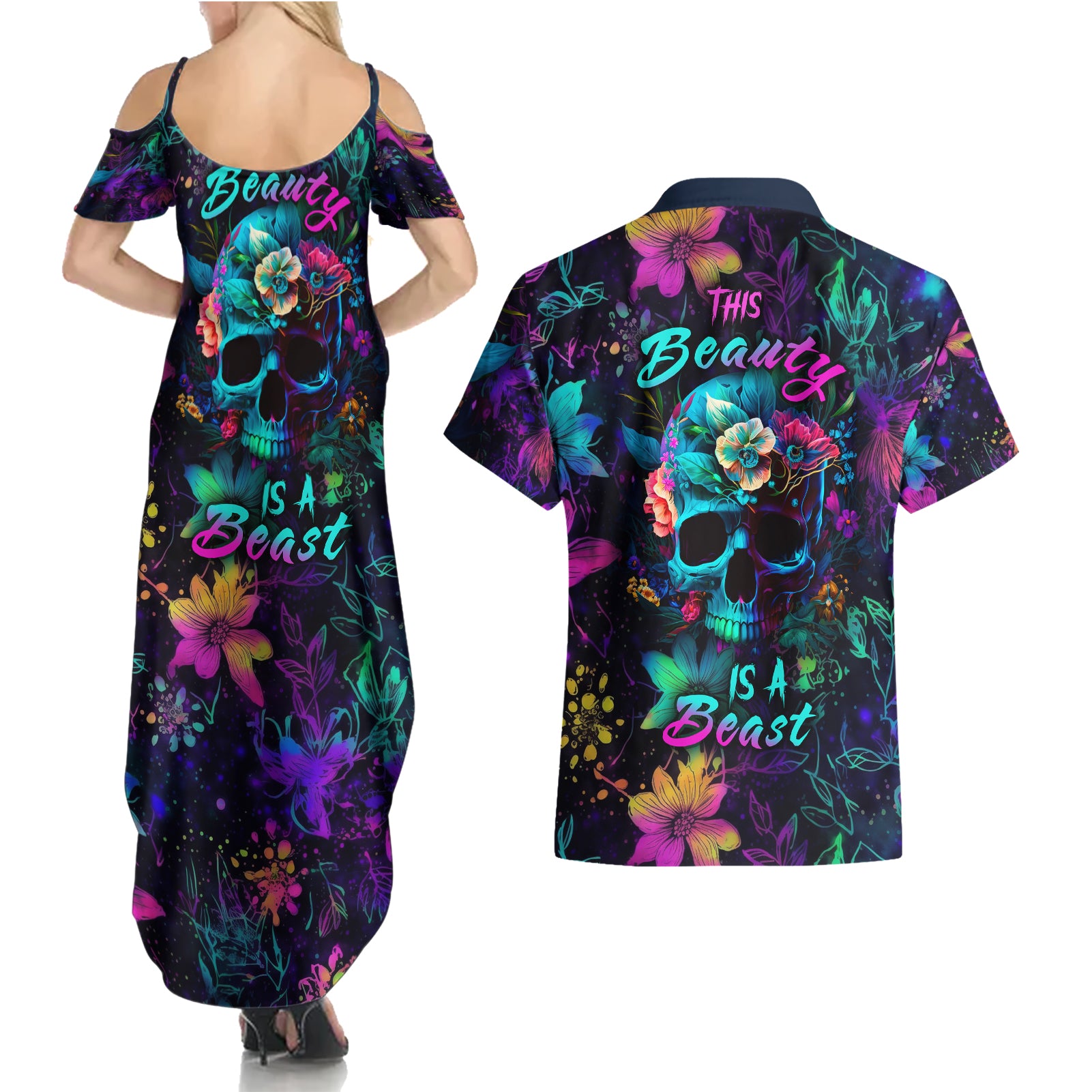 This Beauty Is a Beast Couples Matching Summer Maxi Dress and Hawaiian Shirt - Wonder Print Shop