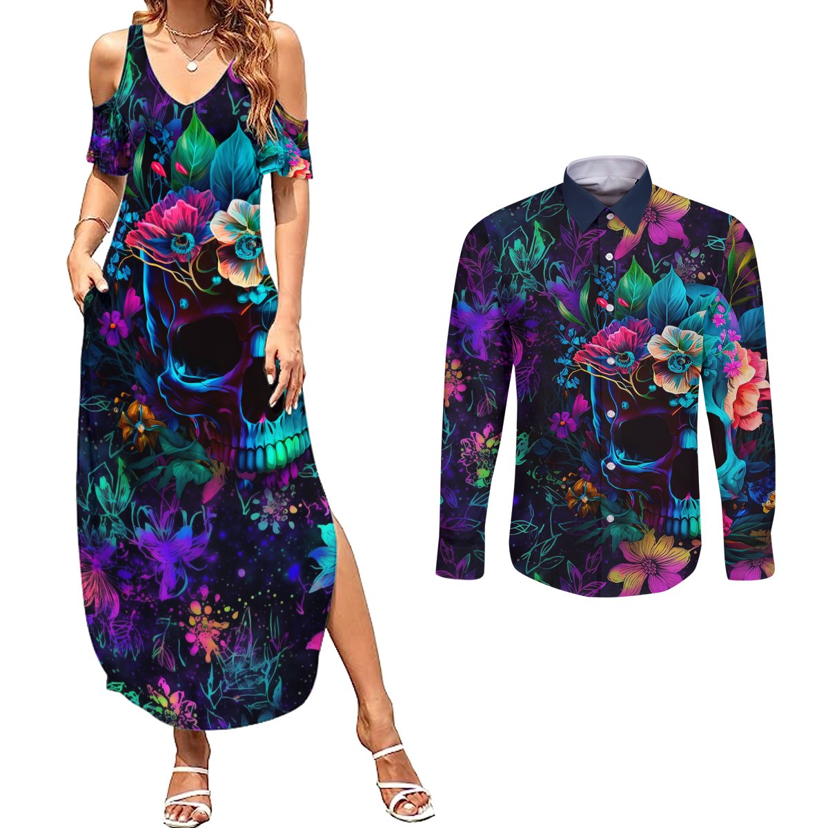 This Beauty Is a Beast Couples Matching Summer Maxi Dress and Long Sleeve Button Shirts - Wonder Print Shop