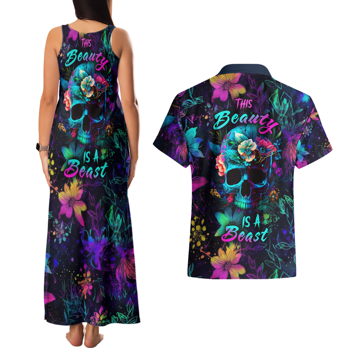 This Beauty Is a Beast Couples Matching Tank Maxi Dress and Hawaiian Shirt - Wonder Print Shop