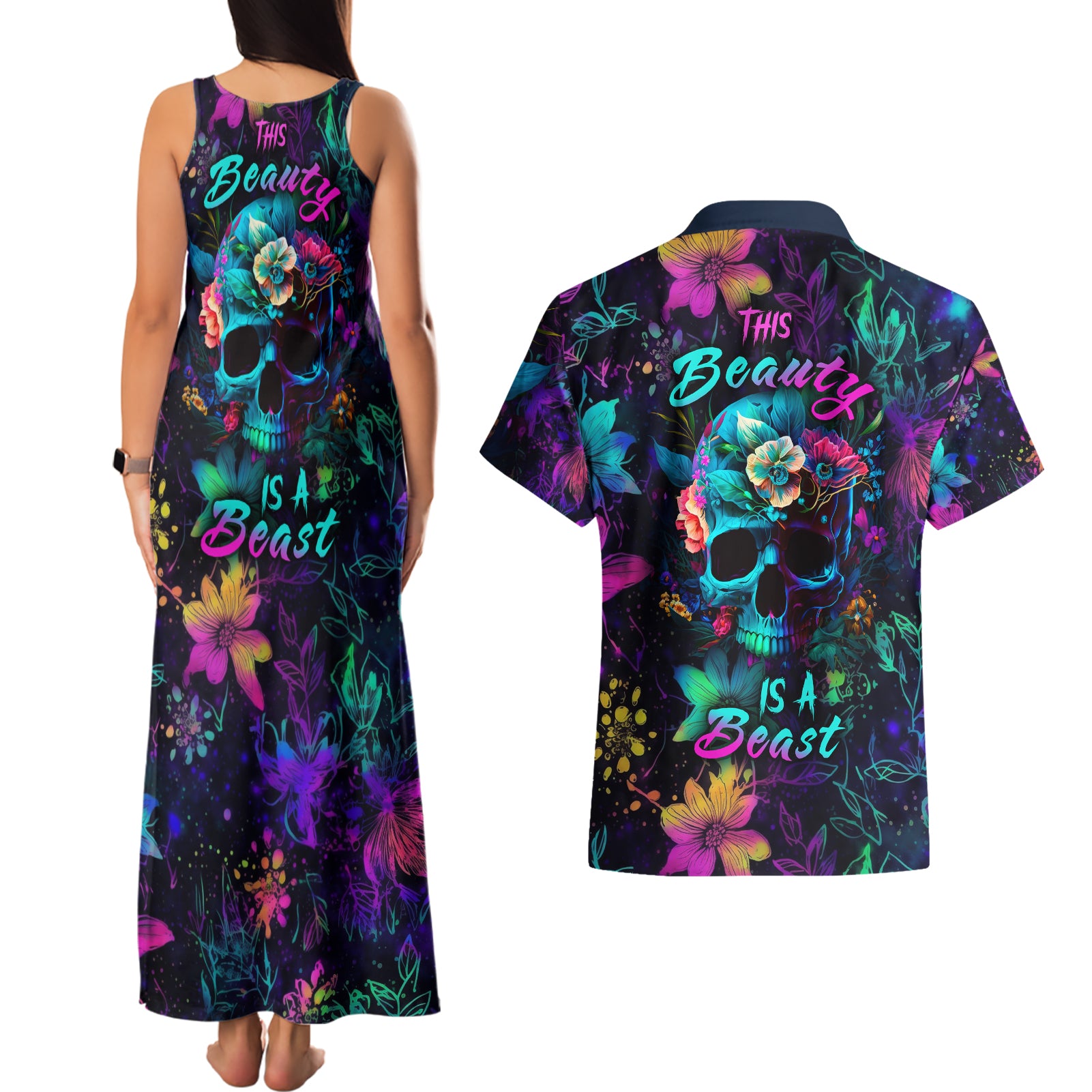 This Beauty Is a Beast Couples Matching Tank Maxi Dress and Hawaiian Shirt - Wonder Print Shop