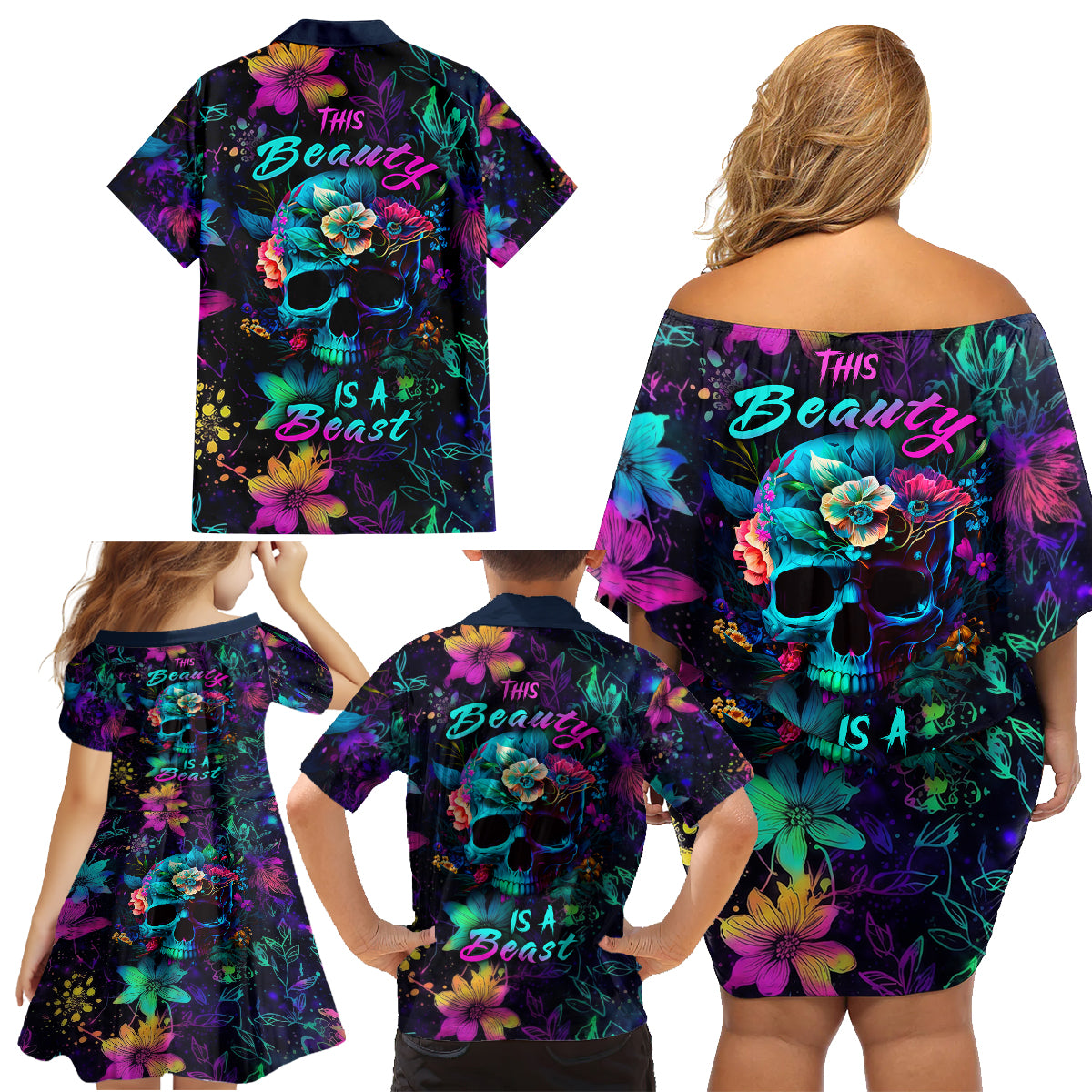 This Beauty Is a Beast Family Matching Off Shoulder Short Dress and Hawaiian Shirt - Wonder Print Shop