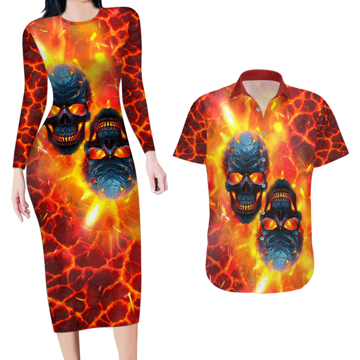 I Hold a Beast an Angel and a Madman In Me Couples Matching Long Sleeve Bodycon Dress and Hawaiian Shirt - Wonder Print Shop