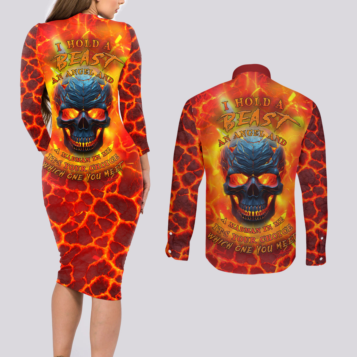 I Hold a Beast an Angel and a Madman In Me Couples Matching Long Sleeve Bodycon Dress and Long Sleeve Button Shirts - Wonder Print Shop
