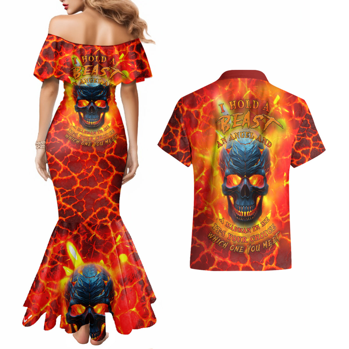I Hold a Beast an Angel and a Madman In Me Couples Matching Mermaid Dress and Hawaiian Shirt - Wonder Print Shop