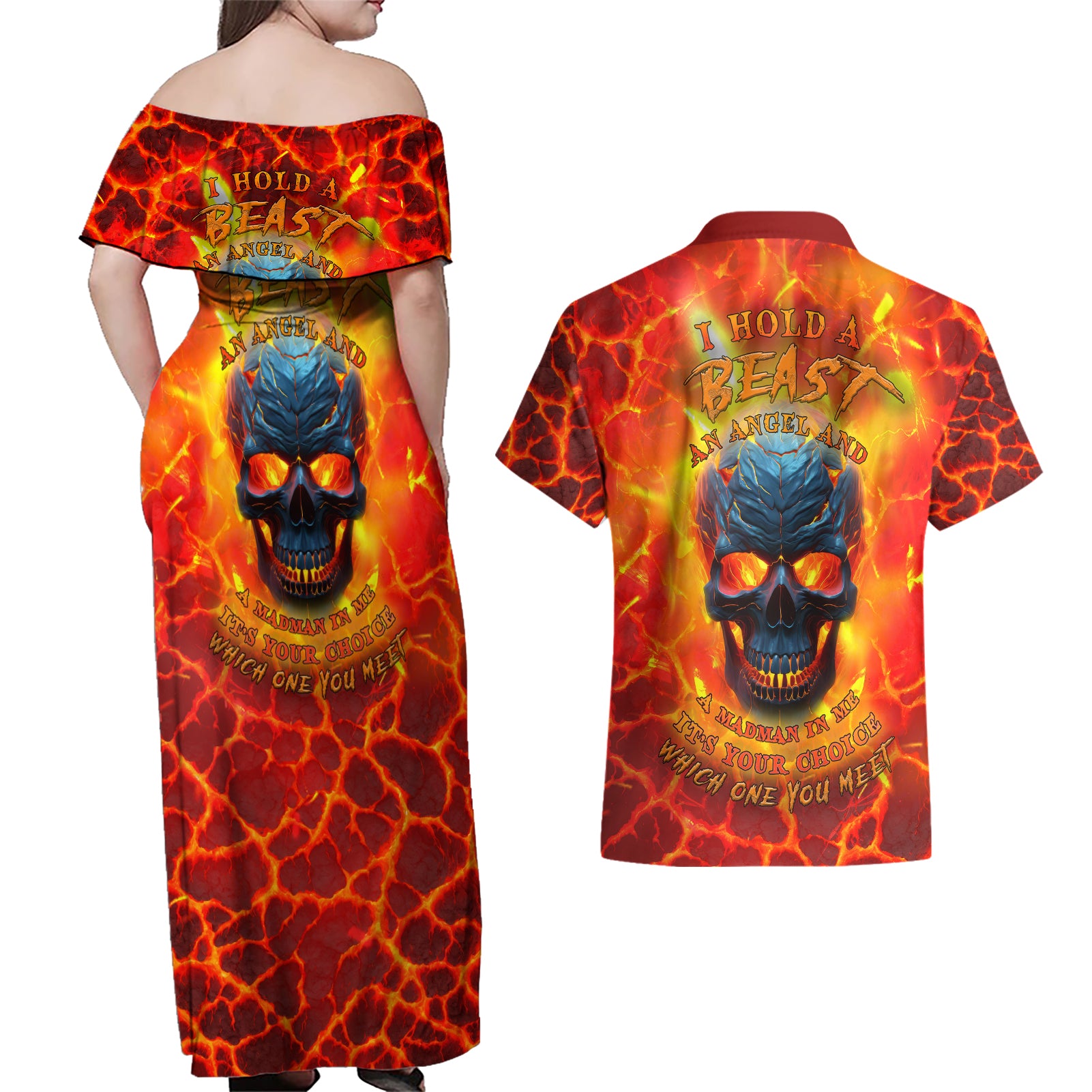I Hold a Beast an Angel and a Madman In Me Couples Matching Off Shoulder Maxi Dress and Hawaiian Shirt - Wonder Print Shop