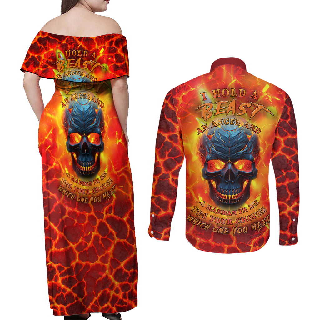I Hold a Beast an Angel and a Madman In Me Couples Matching Off Shoulder Maxi Dress and Long Sleeve Button Shirts - Wonder Print Shop