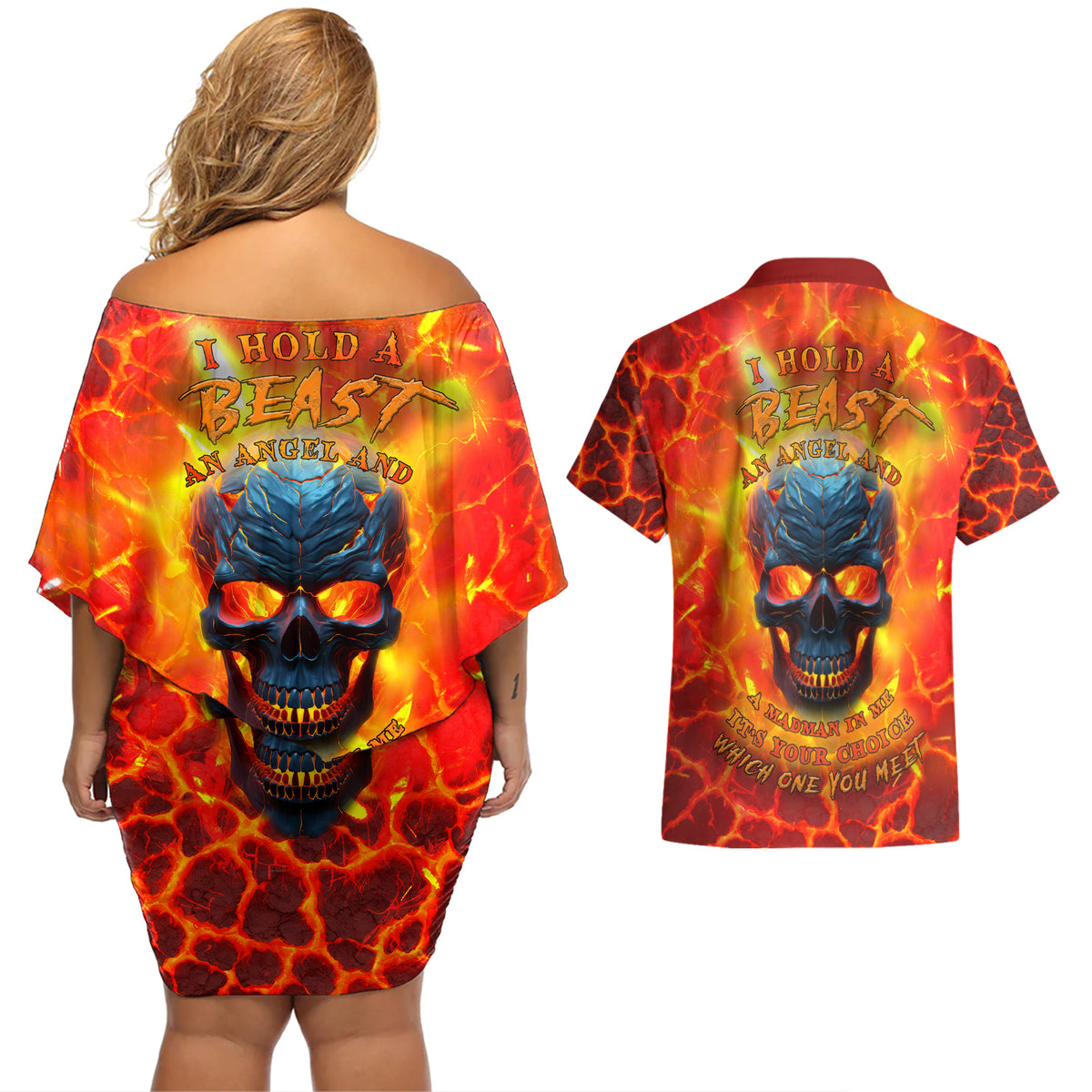 I Hold a Beast an Angel and a Madman In Me Couples Matching Off Shoulder Short Dress and Hawaiian Shirt - Wonder Print Shop