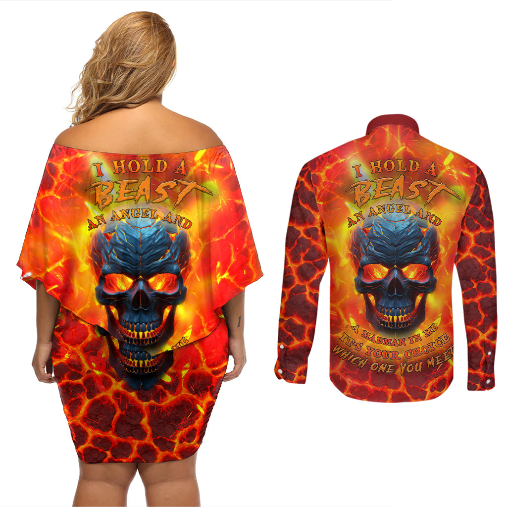 I Hold a Beast an Angel and a Madman In Me Couples Matching Off Shoulder Short Dress and Long Sleeve Button Shirts - Wonder Print Shop