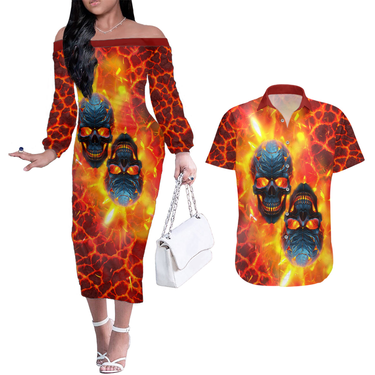 I Hold a Beast an Angel and a Madman In Me Couples Matching Off The Shoulder Long Sleeve Dress and Hawaiian Shirt - Wonder Print Shop