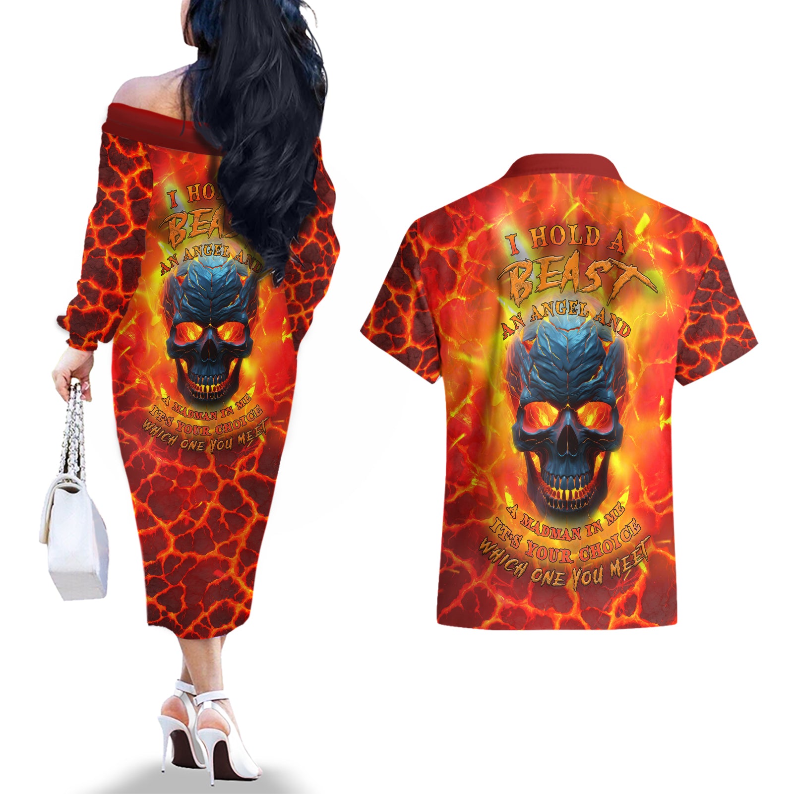 I Hold a Beast an Angel and a Madman In Me Couples Matching Off The Shoulder Long Sleeve Dress and Hawaiian Shirt - Wonder Print Shop
