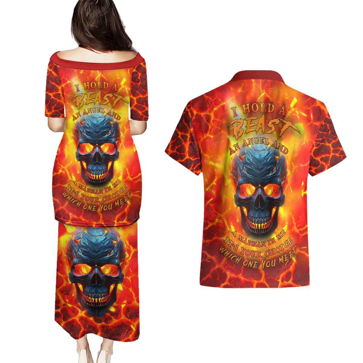 I Hold a Beast an Angel and a Madman In Me Couples Matching Puletasi Dress and Hawaiian Shirt - Wonder Print Shop