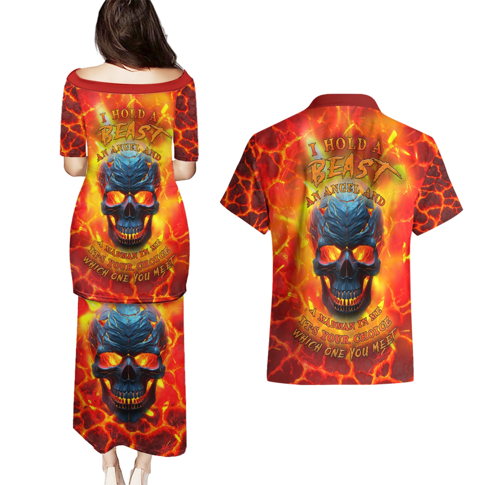 I Hold a Beast an Angel and a Madman In Me Couples Matching Puletasi Dress and Hawaiian Shirt - Wonder Print Shop