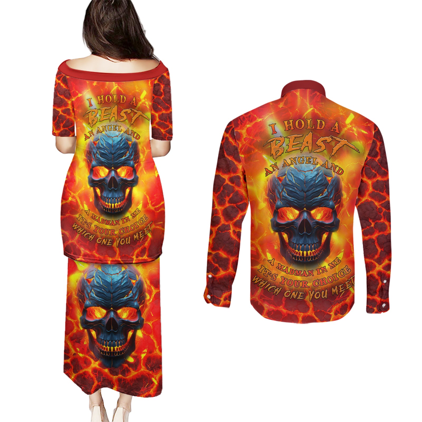 I Hold a Beast an Angel and a Madman In Me Couples Matching Puletasi Dress and Long Sleeve Button Shirts - Wonder Print Shop