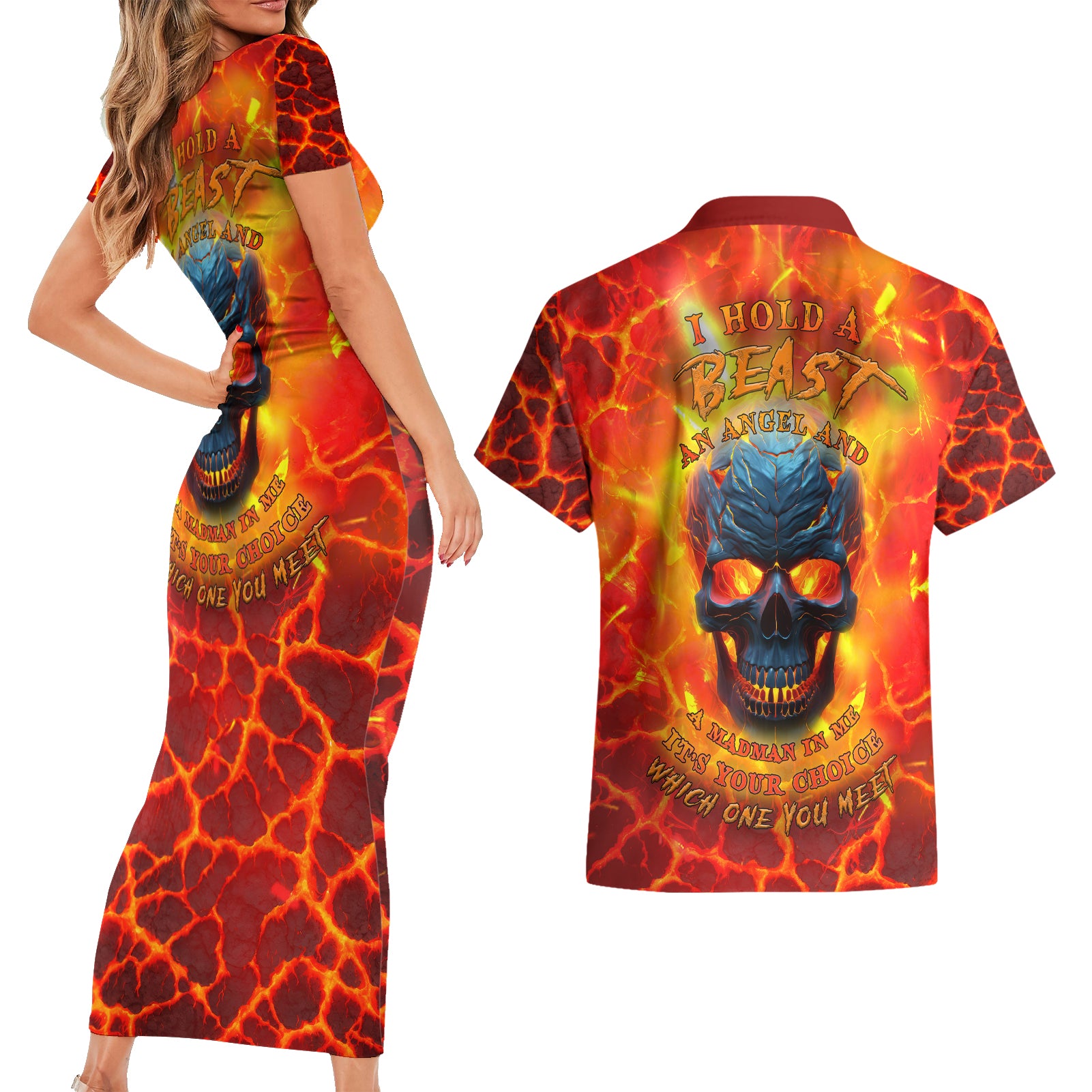 I Hold a Beast an Angel and a Madman In Me Couples Matching Short Sleeve Bodycon Dress and Hawaiian Shirt - Wonder Print Shop