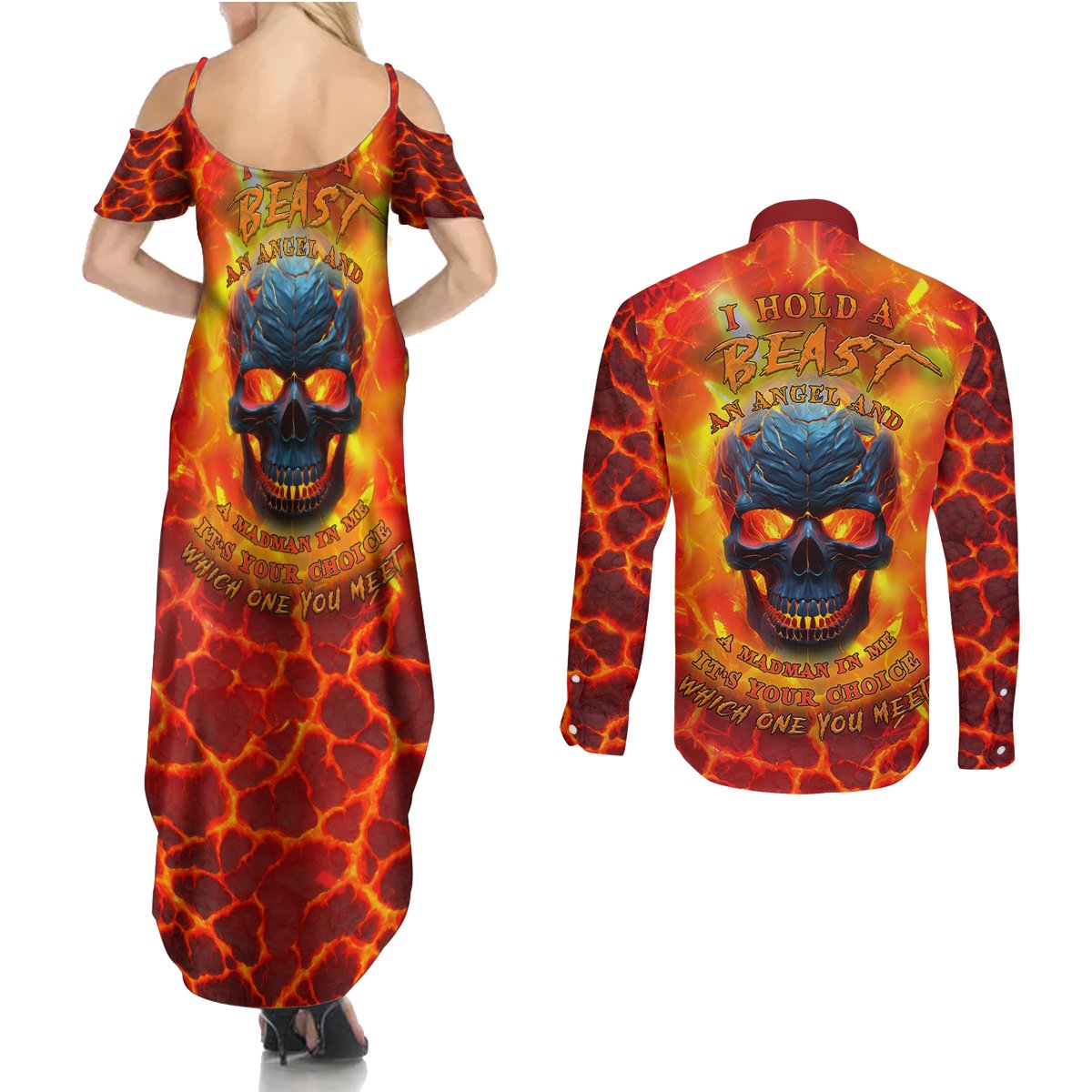 I Hold a Beast an Angel and a Madman In Me Couples Matching Summer Maxi Dress and Long Sleeve Button Shirts - Wonder Print Shop