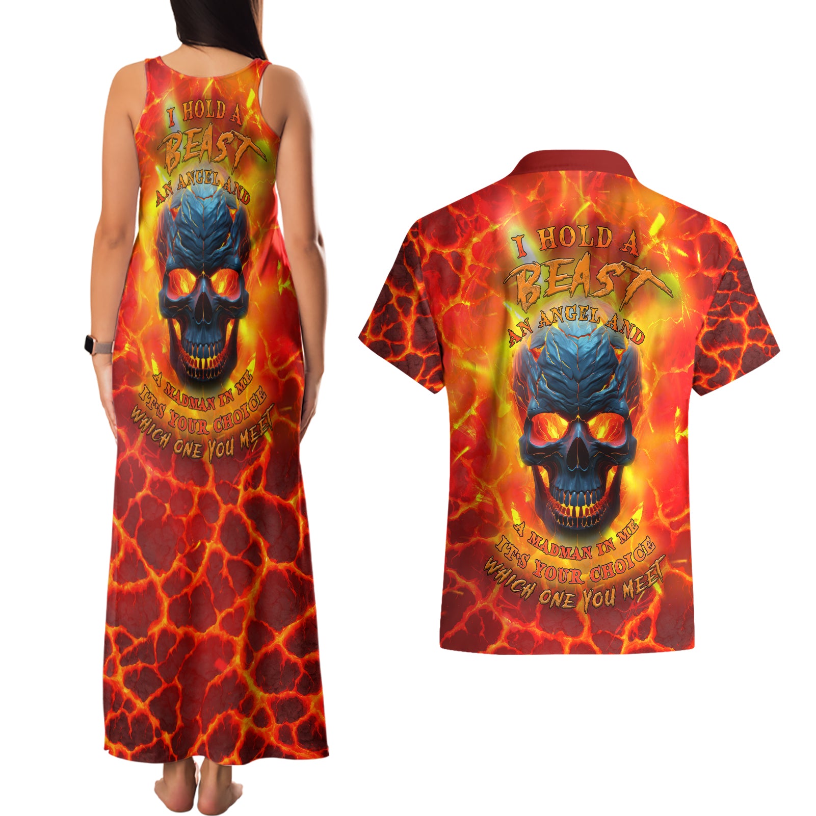 I Hold a Beast an Angel and a Madman In Me Couples Matching Tank Maxi Dress and Hawaiian Shirt - Wonder Print Shop