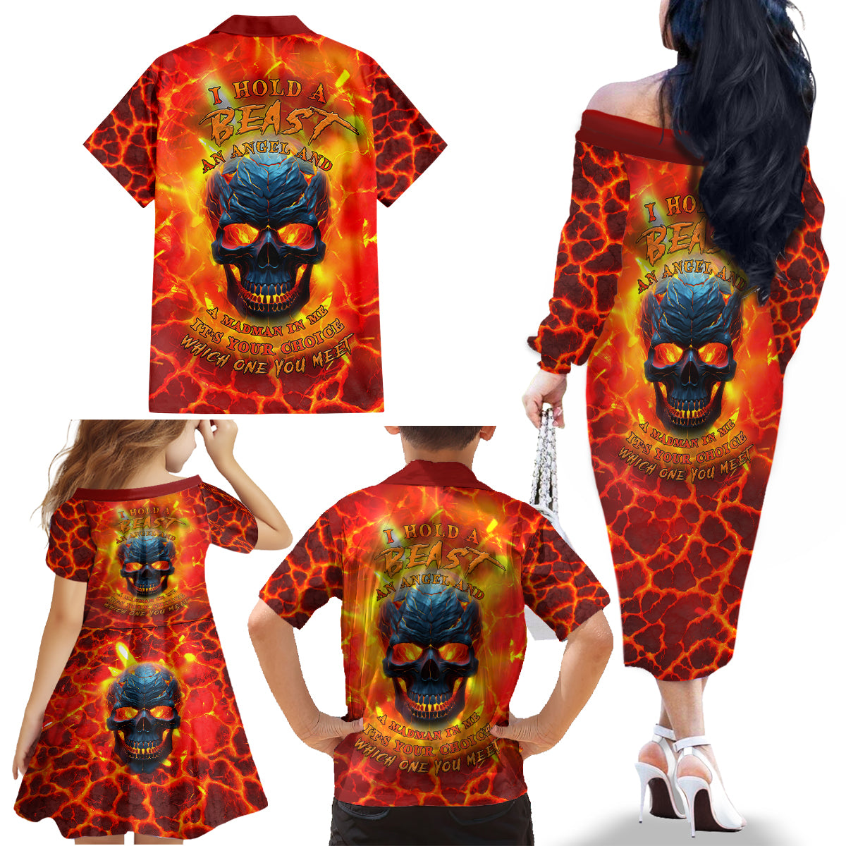 I Hold a Beast an Angel and a Madman In Me Family Matching Off Shoulder Long Sleeve Dress and Hawaiian Shirt - Wonder Print Shop