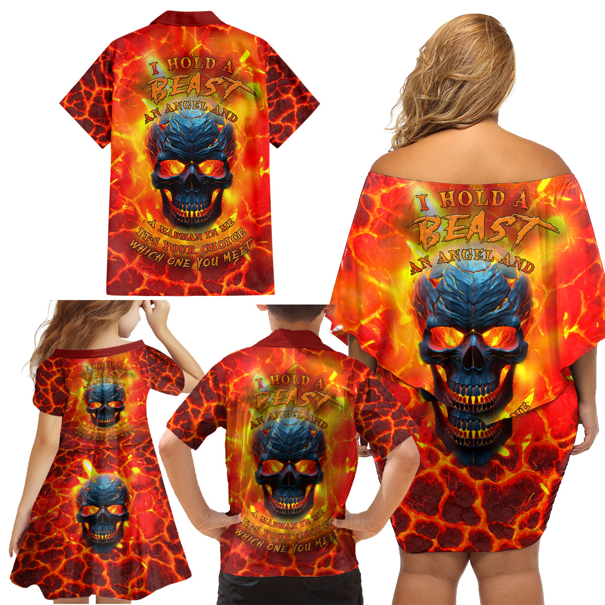 I Hold a Beast an Angel and a Madman In Me Family Matching Off Shoulder Short Dress and Hawaiian Shirt - Wonder Print Shop