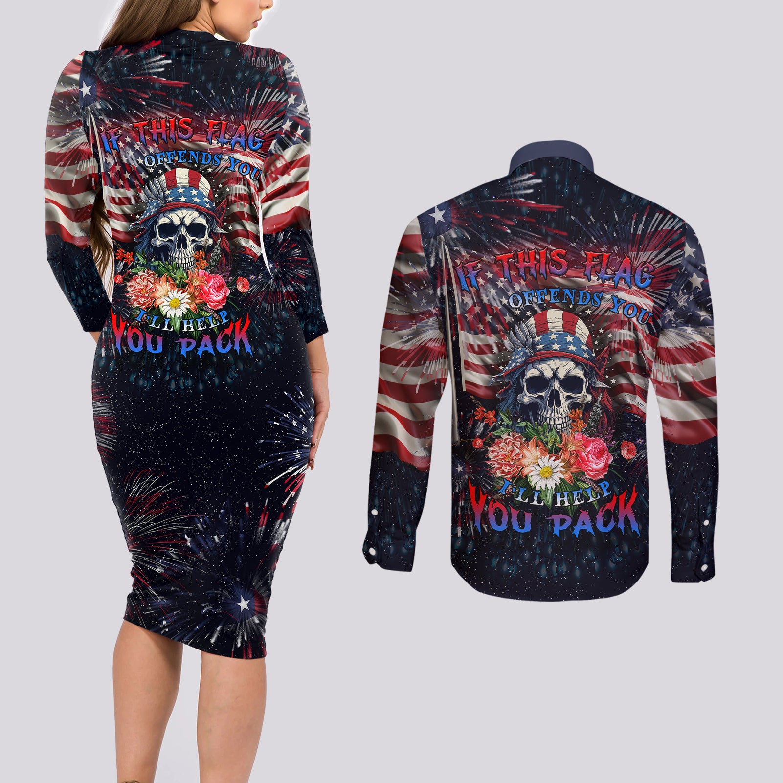 If This Flag Offends You I'll Help You Pack Couples Matching Long Sleeve Bodycon Dress and Long Sleeve Button Shirts - Wonder Print Shop