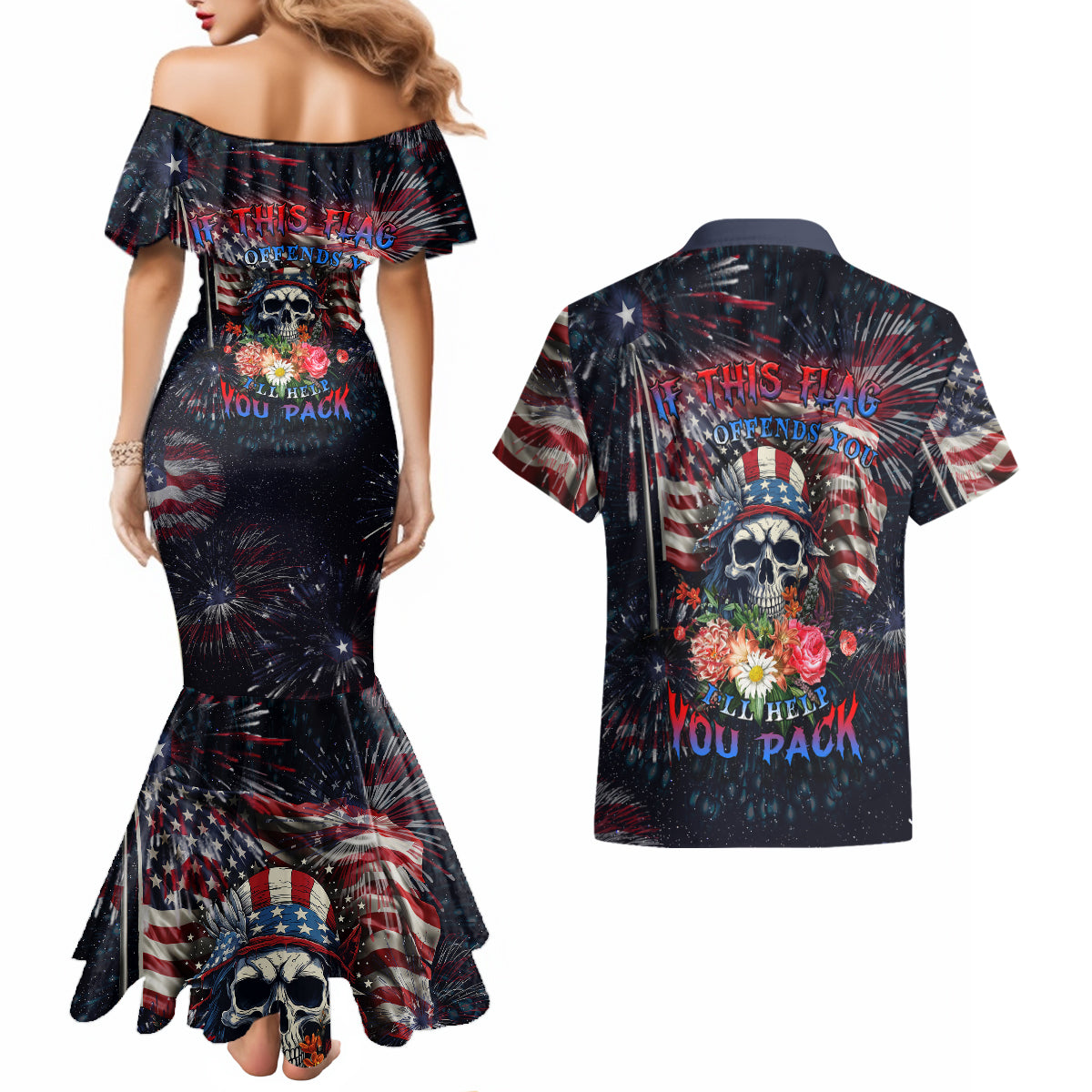 If This Flag Offends You I'll Help You Pack Couples Matching Mermaid Dress and Hawaiian Shirt - Wonder Print Shop