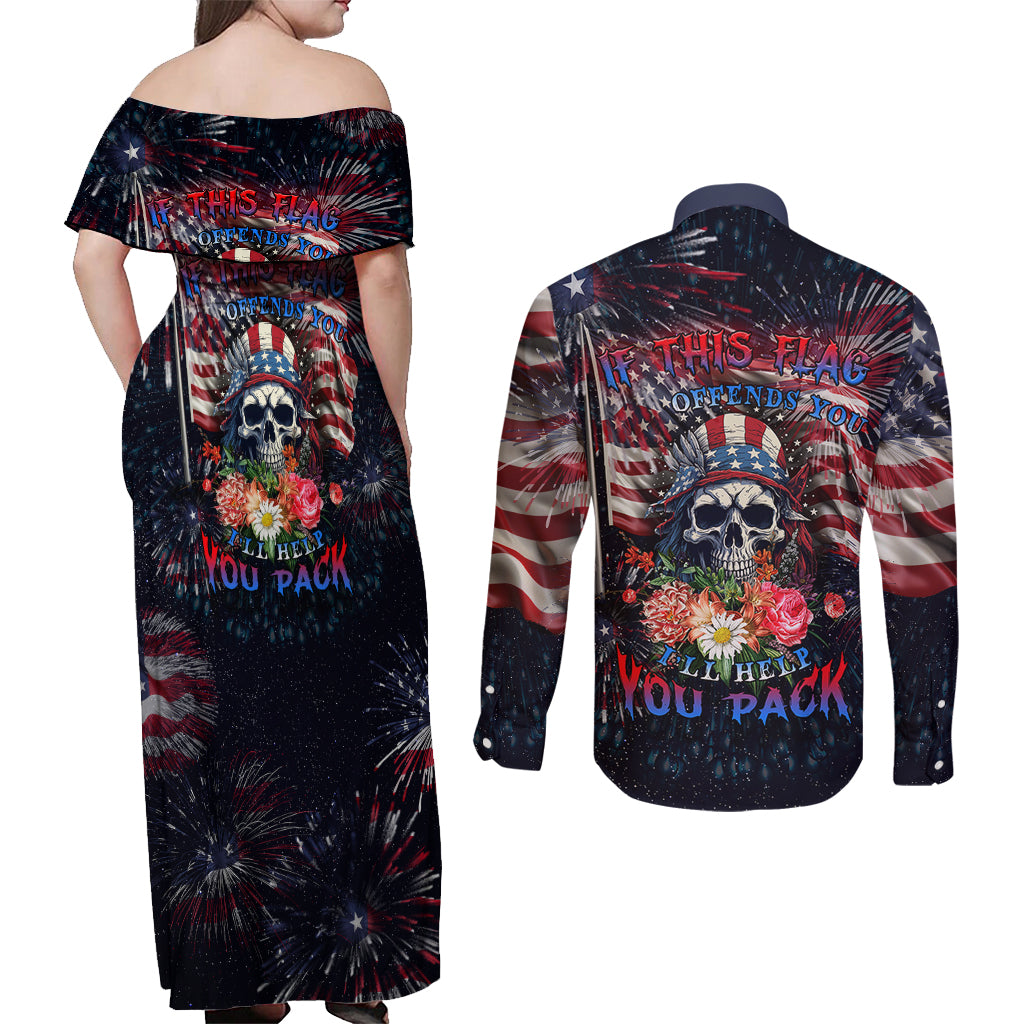 If This Flag Offends You I'll Help You Pack Couples Matching Off Shoulder Maxi Dress and Long Sleeve Button Shirts - Wonder Print Shop