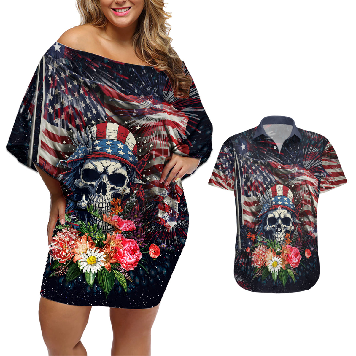 If This Flag Offends You I'll Help You Pack Couples Matching Off Shoulder Short Dress and Hawaiian Shirt - Wonder Print Shop