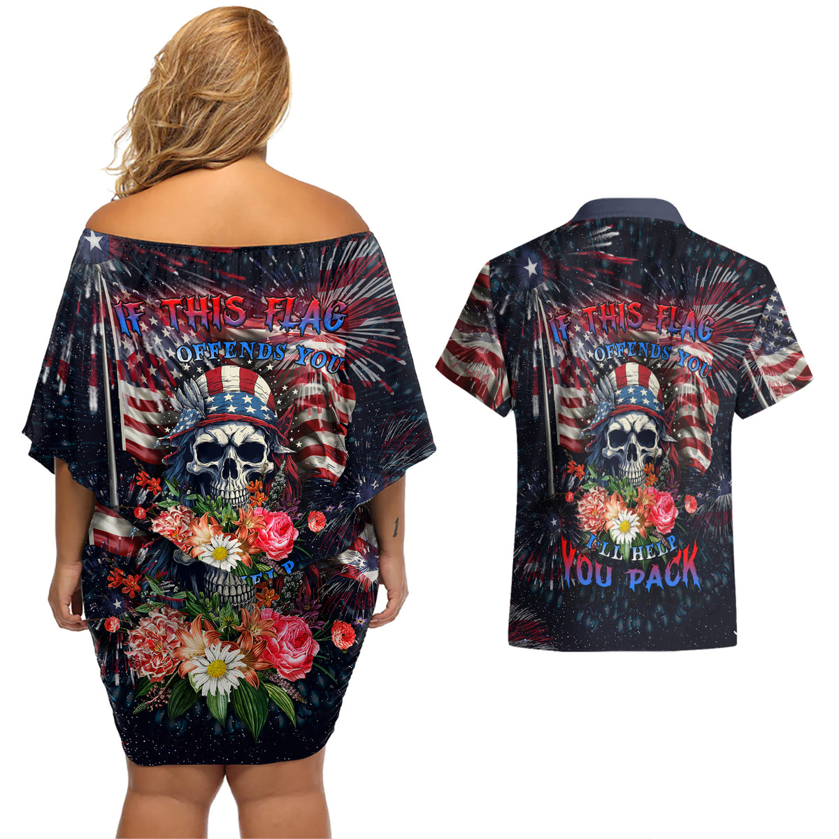 If This Flag Offends You I'll Help You Pack Couples Matching Off Shoulder Short Dress and Hawaiian Shirt - Wonder Print Shop