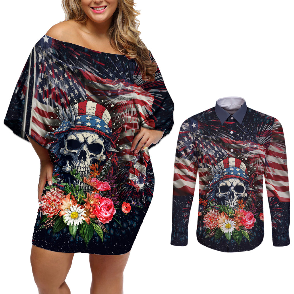 If This Flag Offends You I'll Help You Pack Couples Matching Off Shoulder Short Dress and Long Sleeve Button Shirts - Wonder Print Shop