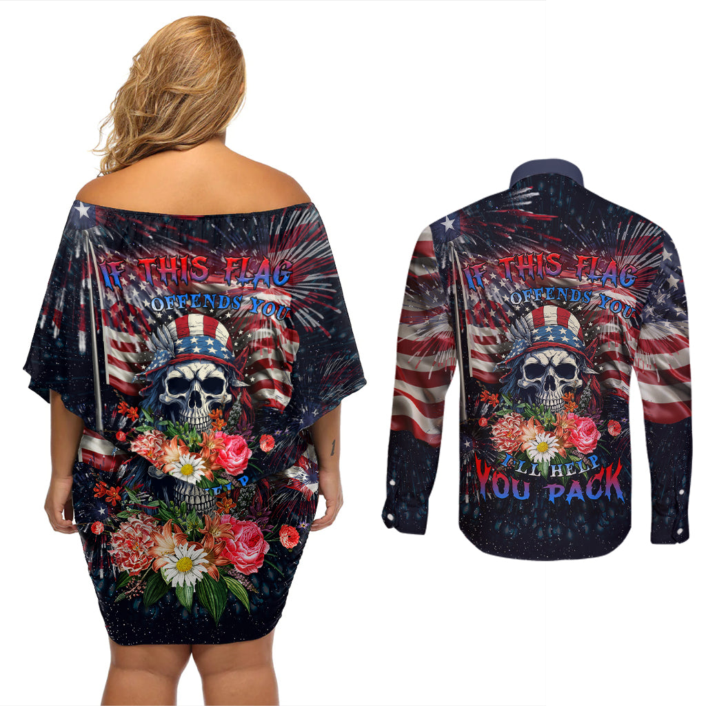 If This Flag Offends You I'll Help You Pack Couples Matching Off Shoulder Short Dress and Long Sleeve Button Shirts - Wonder Print Shop