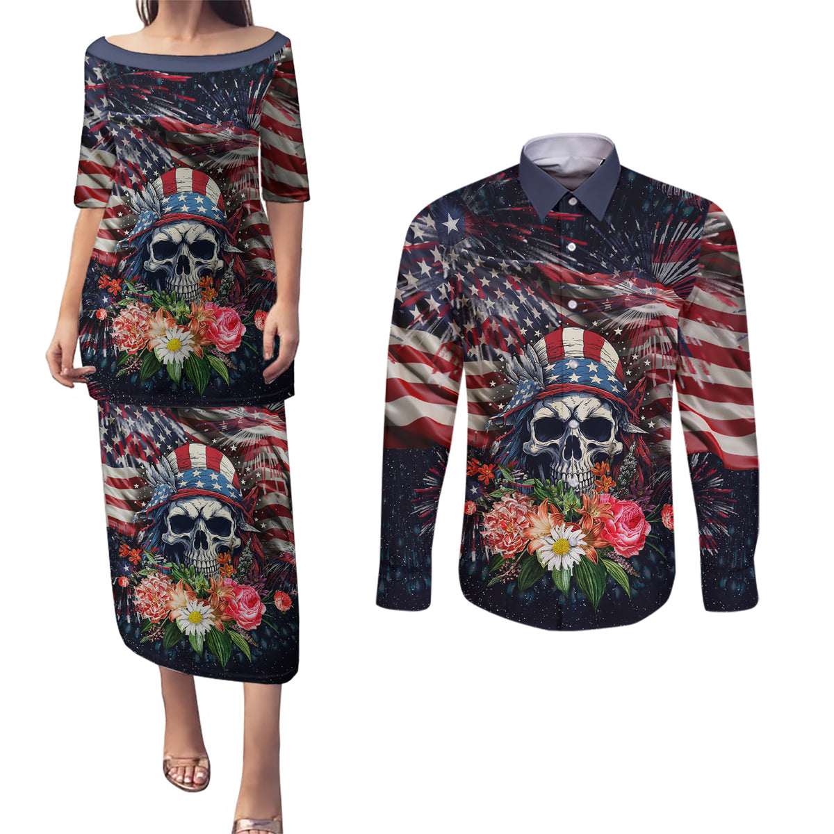 If This Flag Offends You I'll Help You Pack Couples Matching Puletasi Dress and Long Sleeve Button Shirts - Wonder Print Shop