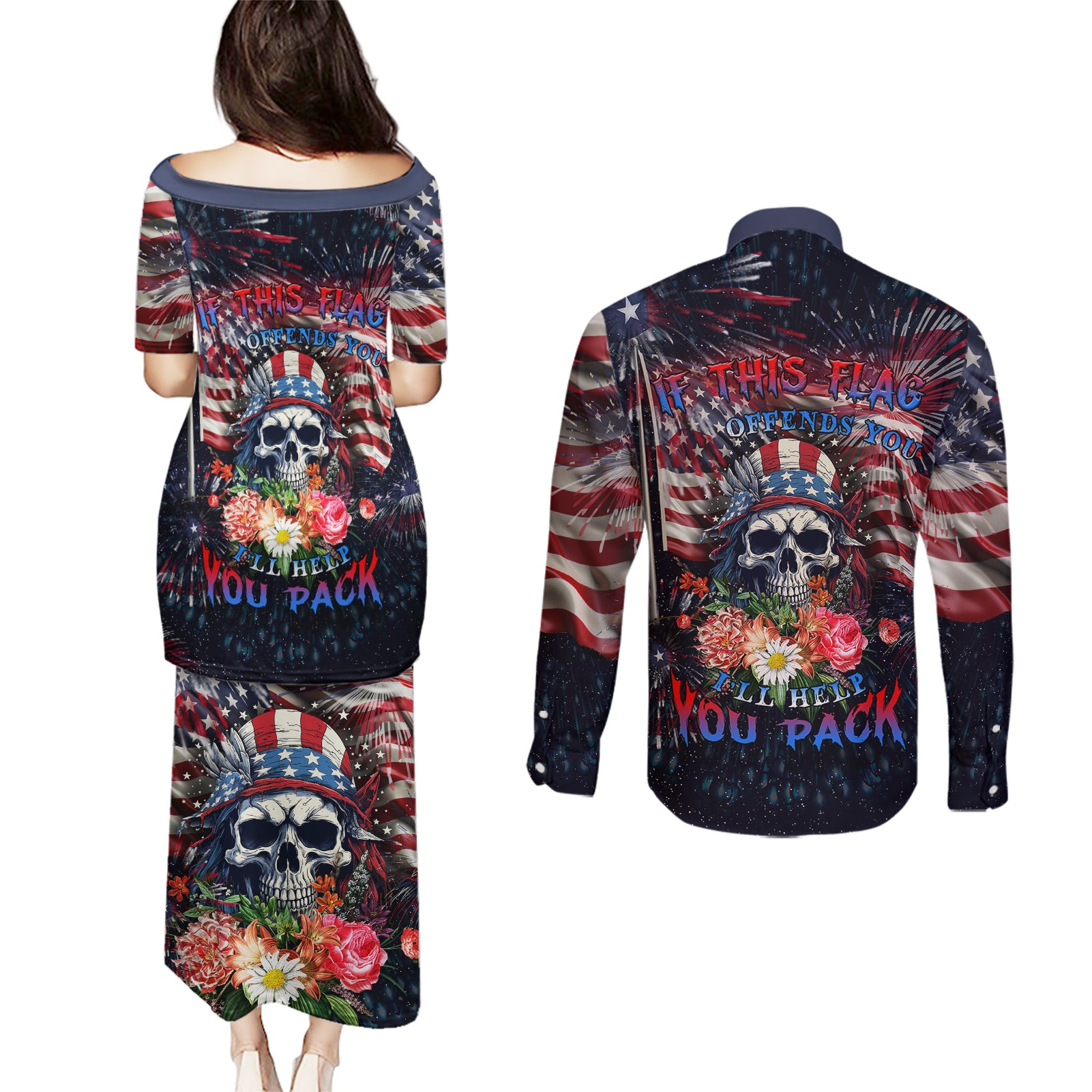 If This Flag Offends You I'll Help You Pack Couples Matching Puletasi Dress and Long Sleeve Button Shirts - Wonder Print Shop