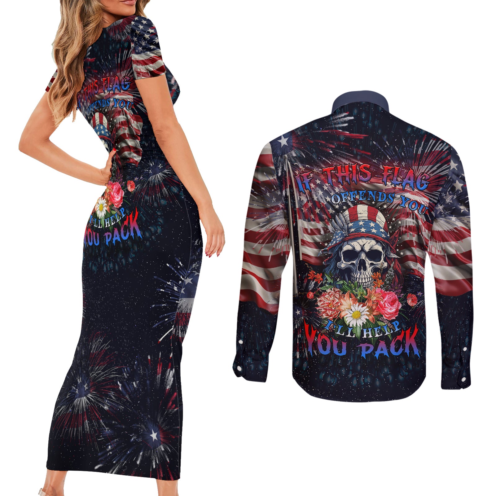 If This Flag Offends You I'll Help You Pack Couples Matching Short Sleeve Bodycon Dress and Long Sleeve Button Shirts - Wonder Print Shop