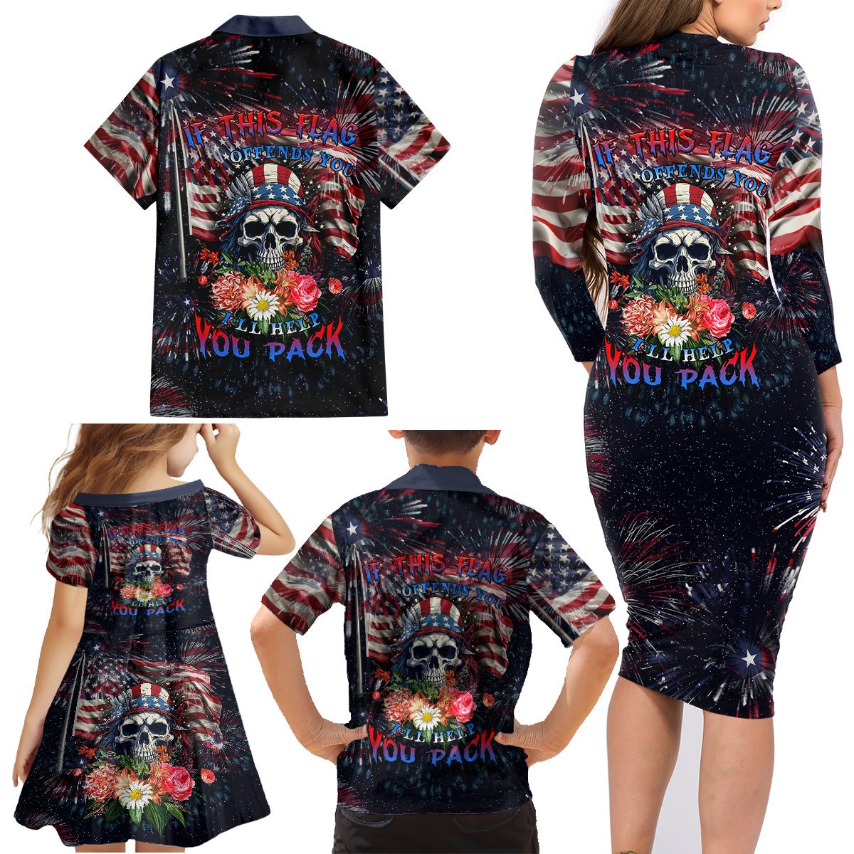 If This Flag Offends You I'll Help You Pack Family Matching Long Sleeve Bodycon Dress and Hawaiian Shirt - Wonder Print Shop
