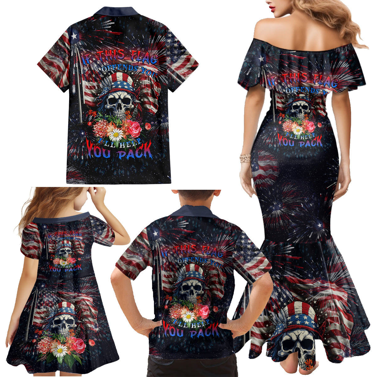 If This Flag Offends You I'll Help You Pack Family Matching Mermaid Dress and Hawaiian Shirt - Wonder Print Shop