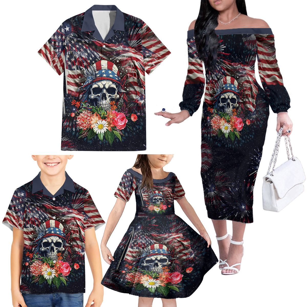 If This Flag Offends You I'll Help You Pack Family Matching Off Shoulder Long Sleeve Dress and Hawaiian Shirt - Wonder Print Shop